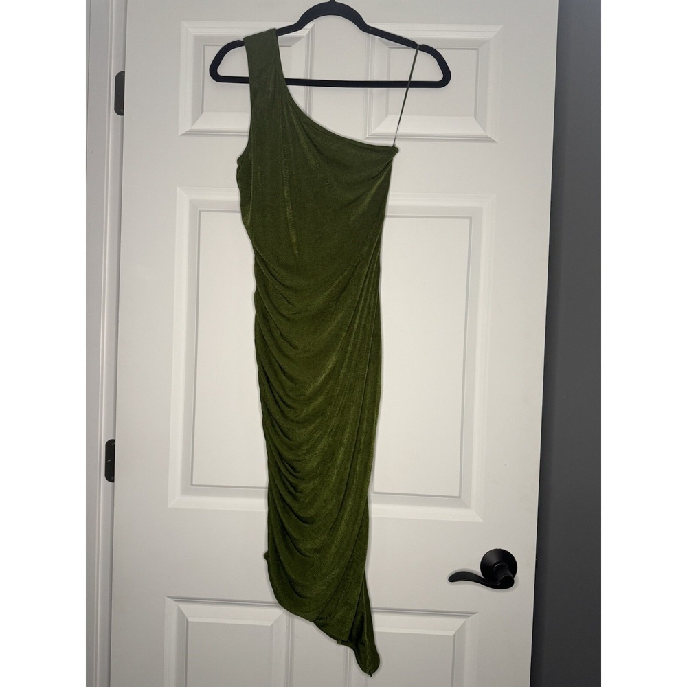 Dee Elly One Shoulder Ruched Bodycon Midi Dress Small Green Shiny
